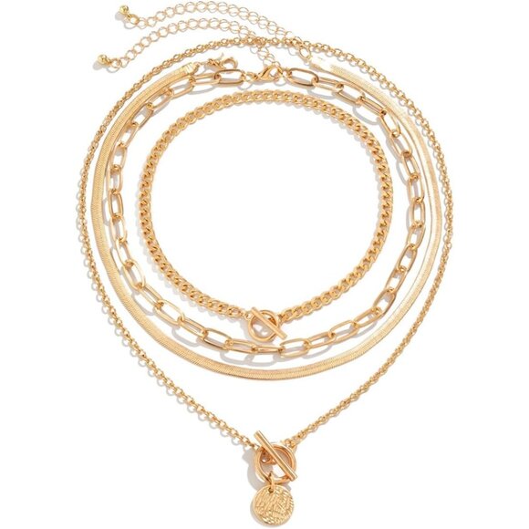 Gold Layered Stack Necklace Set for Women, Retro Thick Cuban Chain Coin Medallio - Picture 7 of 7